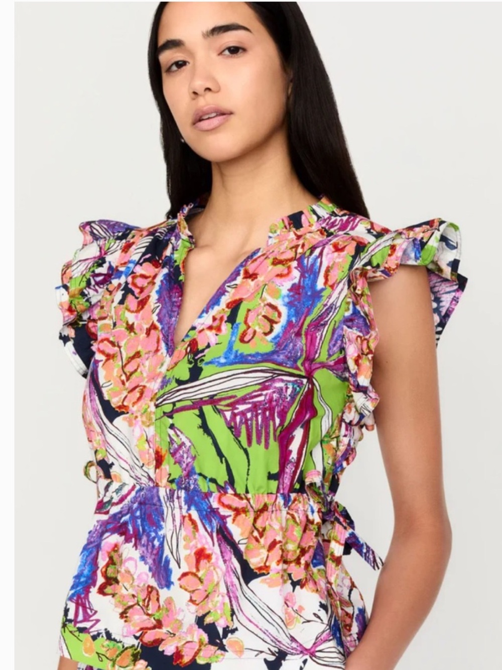 Marie Oliver Floral Green Purple Abstract Puff Sleeve Blouse Womens Small - Picture 7 of 7